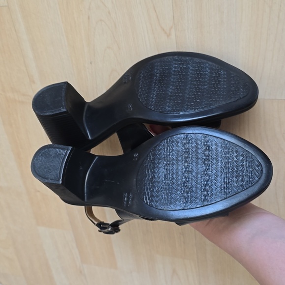 Women Black Leather Peep Toe Block Heels Pumps Size 6 - Picture 9 of 11